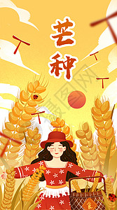芒种之麦田里收麦的女孩运营插画开屏页背景图片