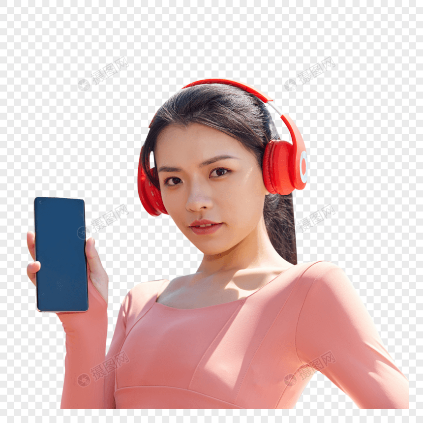 青年女性运动戴耳机休息听音乐图片