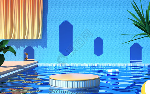 水蓝色窗帘清凉夏日泳池背景设计图片
