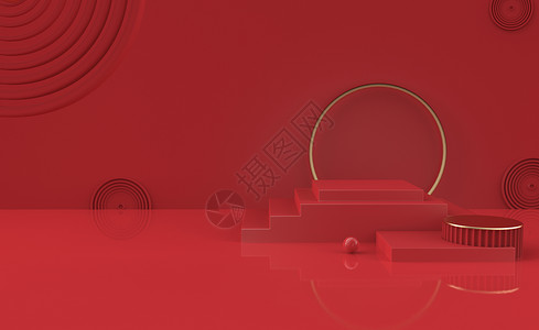 红色空间感红金几何展台背景设计图片