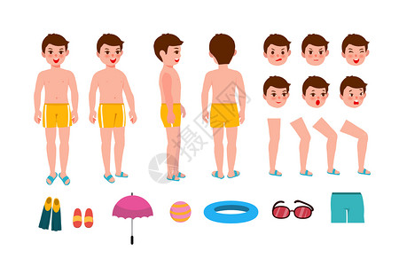 小男孩拿着泳圈卡通男孩泳装组件装备插画