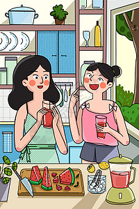喝西瓜汁女孩夏至和闺蜜喝西瓜汁插画