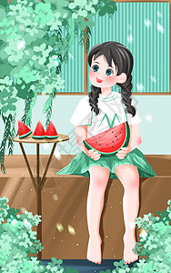 女孩坐在凳子上小暑坐在凳子上吃西瓜的女孩插画