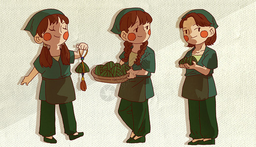 诞节元素端午节在粽子店工作的小女工插画