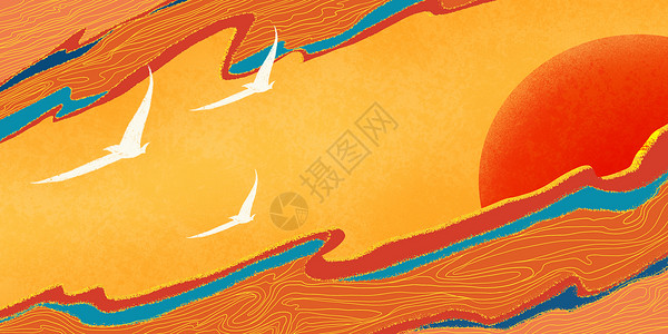 台岩海滩国潮底纹背景古风插画插画