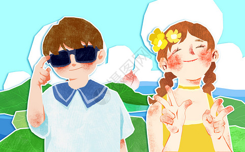 在海边游泳夏天在荷花池边拍照的小姑娘和小男孩剪贴画插画