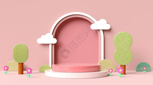 粉色柔色舞台3D夏日场景设计图片