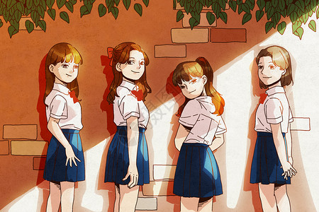 大学校园里微笑的女生毕业季四个穿校服的女生在校园里的合照插画