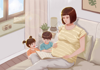 可爱居家素材三胎家庭插画