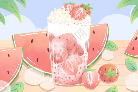 冰块壁纸小暑手绘草莓西瓜奶茶插画插画