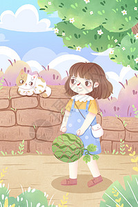 小暑节气女孩与猫咪插画背景图片