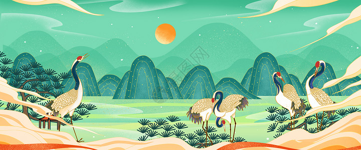 长寿的青绿山水仙鹤中国风插画