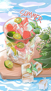 装满果汁的杯子夏天手绘卡通西瓜果汁冷饮清新插画