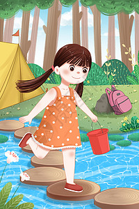 夏天河边的小女孩背景图片