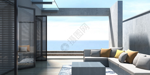 家居庭院3D海景房场景设计图片