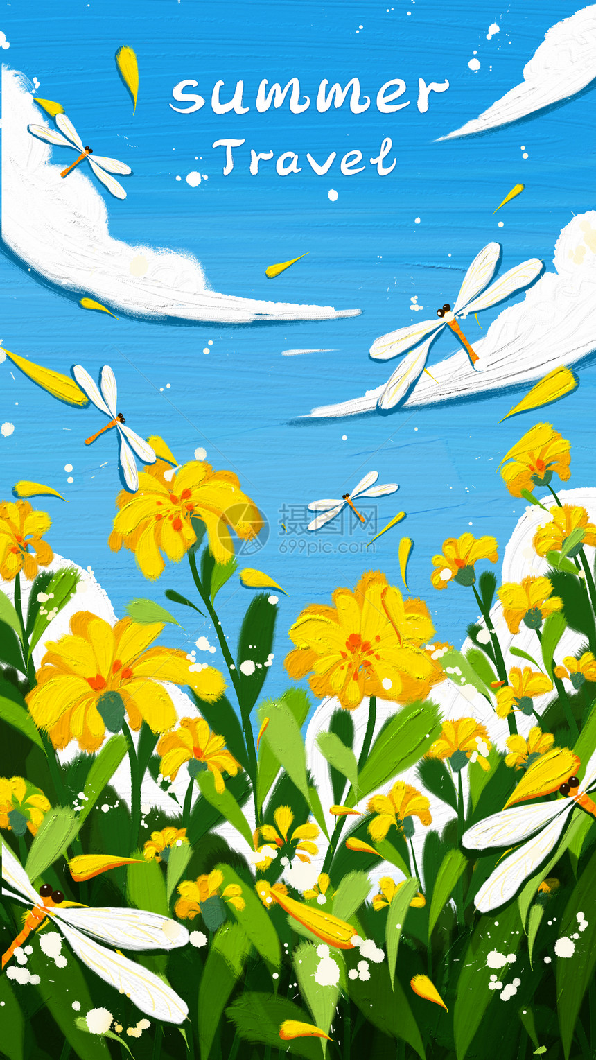 刮刀油画风金色雏菊的夏日之旅图片