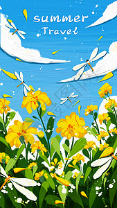 风景竖图刮刀油画风金色雏菊的夏日之旅插画
