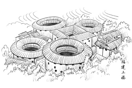 永定客家土楼旅游景区速写福建永定土楼插画