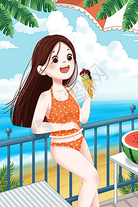 海边穿搭穿泳衣吃冰激凌的女孩插画