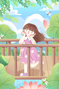 夏日女孩游湖插画图片
