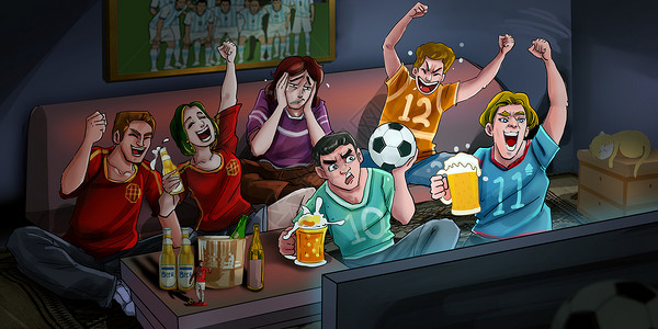 欧洲杯决赛激情熬夜看球插画