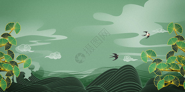 燕子彩色背景绿色绿色国潮背景设计图片