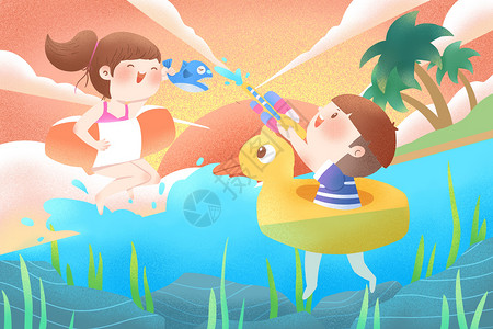 夏日大暑椰子树节气大暑游泳捉鱼插画插画