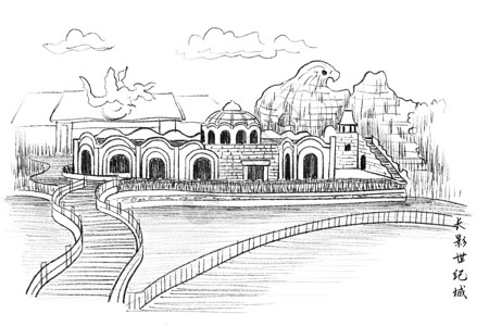 第二世纪旅游风景速写吉林长春世纪城插画