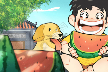 夏季吃西瓜的男孩小暑吃西瓜GIF高清图片