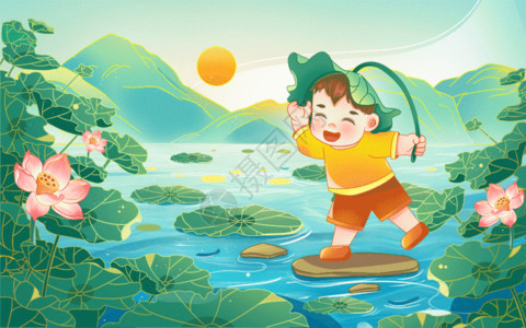 钓鱼的男孩国潮夏天夏至小暑荷花插画GIF高清图片