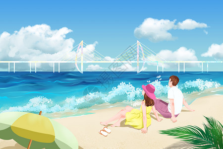 夏天情侣海边度假画面背景图片