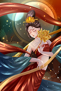 敦煌飞天伎乐手持金莲古风美女插画背景图片