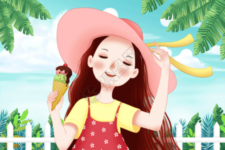 粉色冰激凌夏天吃冰激凌的女孩GIF高清图片