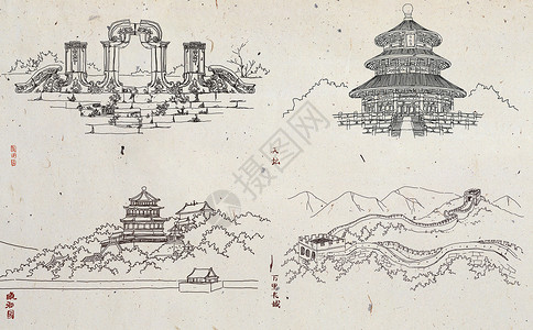 野柳风景区长城圆明园颐和园天坛5A景区线稿速写插画