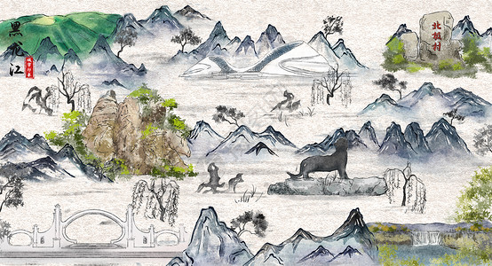 黑龙江城市印象旅游水墨插画高清图片