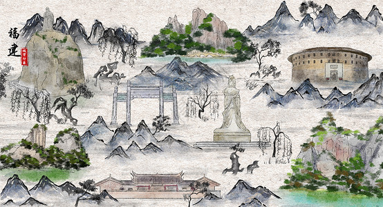 福建鼓浪屿福建城市印象旅游水墨插画插画