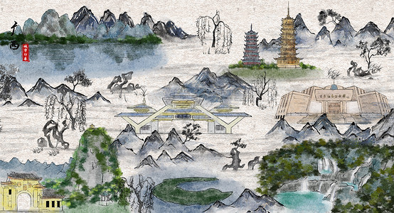 广西城市印象旅游水墨插画高清图片