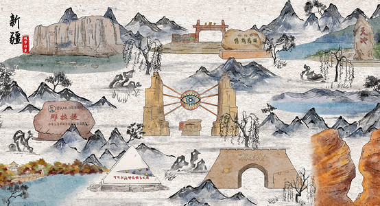 喀什老城区新疆城市印象旅游水墨插画插画