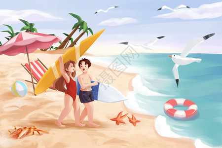 滑滑板的情侣海滩假日插画