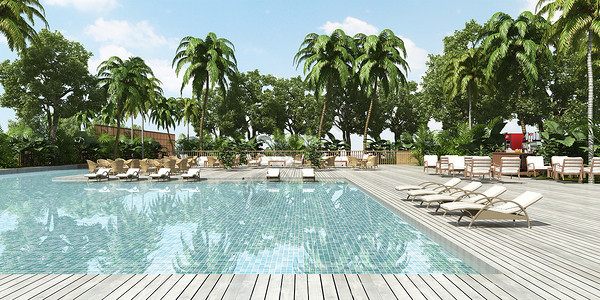 3D度假酒店游泳池背景图片