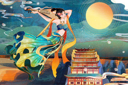 飞天美女中国风国潮敦煌美女反弹琵琶飞天山水建筑插画插画