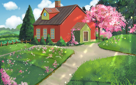 森林里的小房子唯美插画场景壁纸背景图片