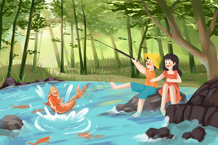 河里捉鱼男孩暑假假期去钓鱼插画