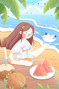 大暑节气海边插画背景图片