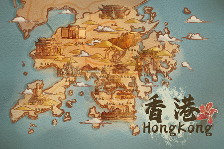 香港特别行政区旅游地图插画背景图片