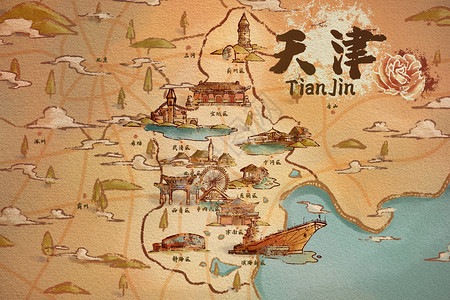 滨海湿地天津旅游地图插画插画