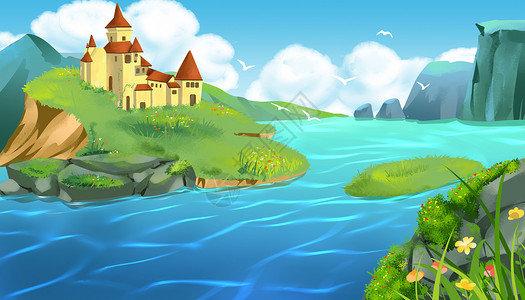 海河边海岛上的城堡场景插画插画