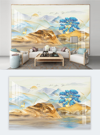 飞鸟手绘新中式手绘意境抽象山水画背景墙模板
