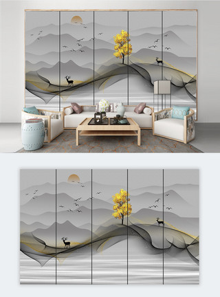 风景线条中国风新中式手绘抽象意境山水风景背景墙模板
