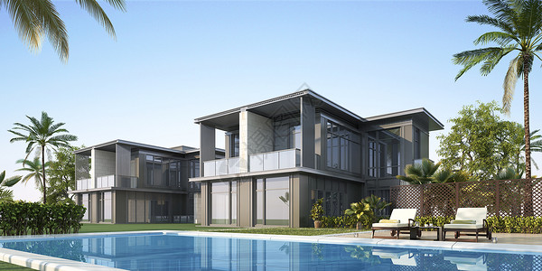 豪华度假游泳池3D现代豪华建筑设计图片